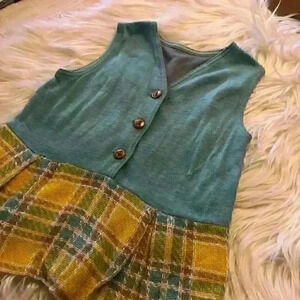 VTG tartan yellow blue handmade vested pleated skirt dress size 2+ years